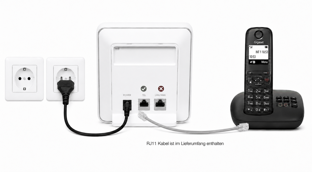 Telefon an TEL und Netzteil an POWER anschließen